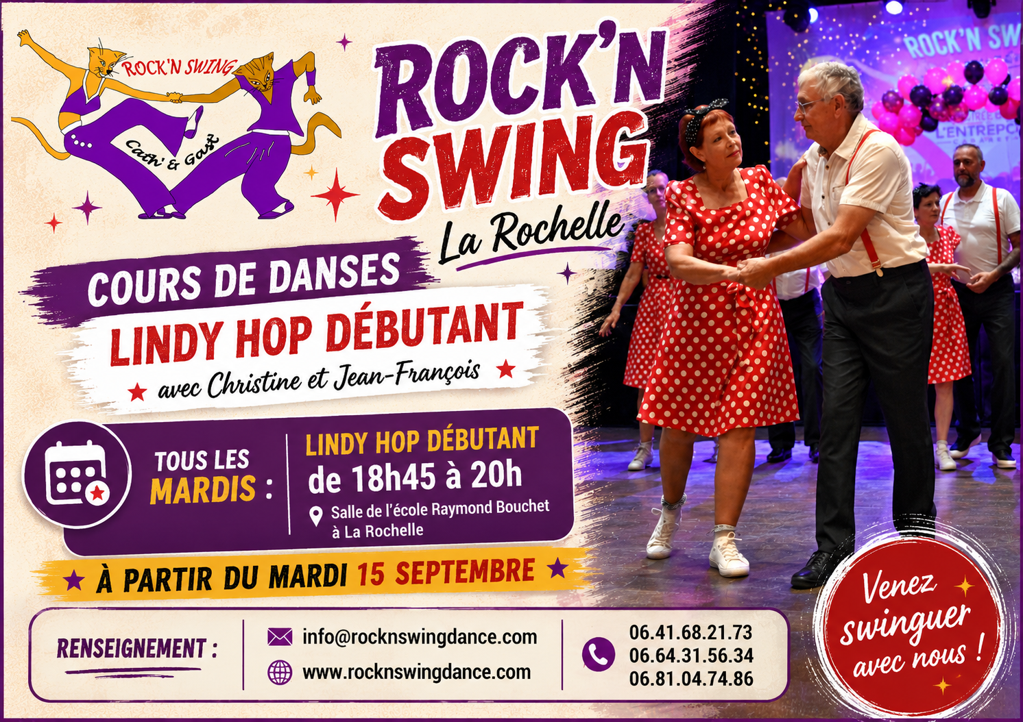 Danseurs de Lindy Hop souriants en plein mouvement
